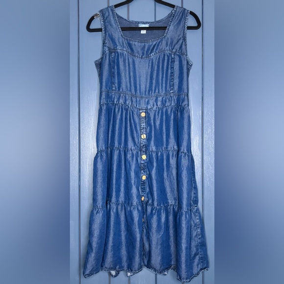 Vintage Dresses & Skirts - Tiered Smocked Chambray Jumper Dress Large Retro Cottage Core Peasant Y2K Casual